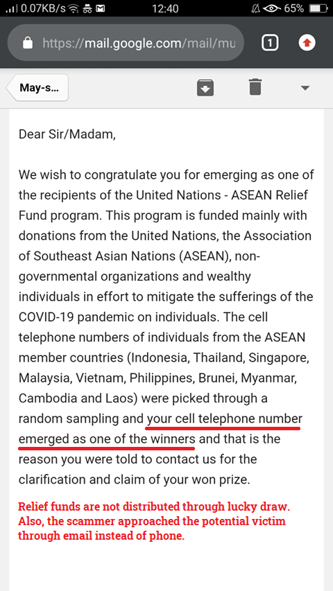 scamadviser's tweet photo. This email originating from the ID ua646730@gmail.com claims to be distributing funds from the UN-ASEAN Relief Fund. It looks like a typical customs parcel scam.
#CustomsScam #ParcelScam @ASEAN @UN https://t.co/iyi5sYhZYc