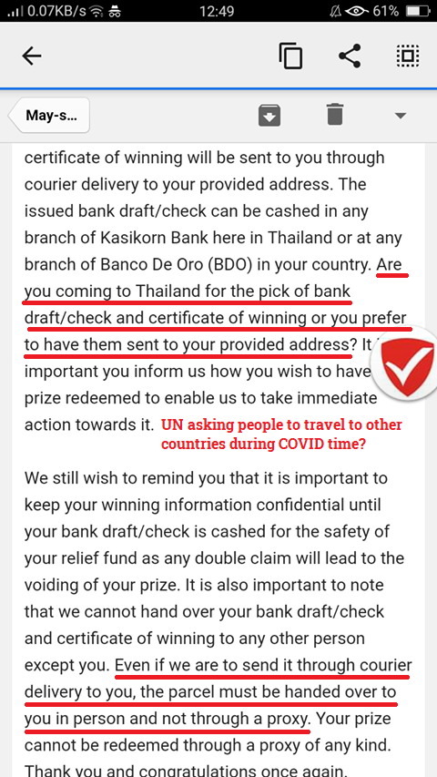 scamadviser's tweet photo. This email originating from the ID ua646730@gmail.com claims to be distributing funds from the UN-ASEAN Relief Fund. It looks like a typical customs parcel scam.
#CustomsScam #ParcelScam @ASEAN @UN https://t.co/iyi5sYhZYc