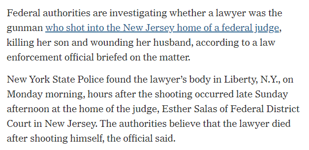 According to a just-posted New York Times story, police have a lead on the Judge Salas shooter, who appears to have killed themselves. Maybe the guy was a lawyer who did contract hits for Deutsche Bank on the side?