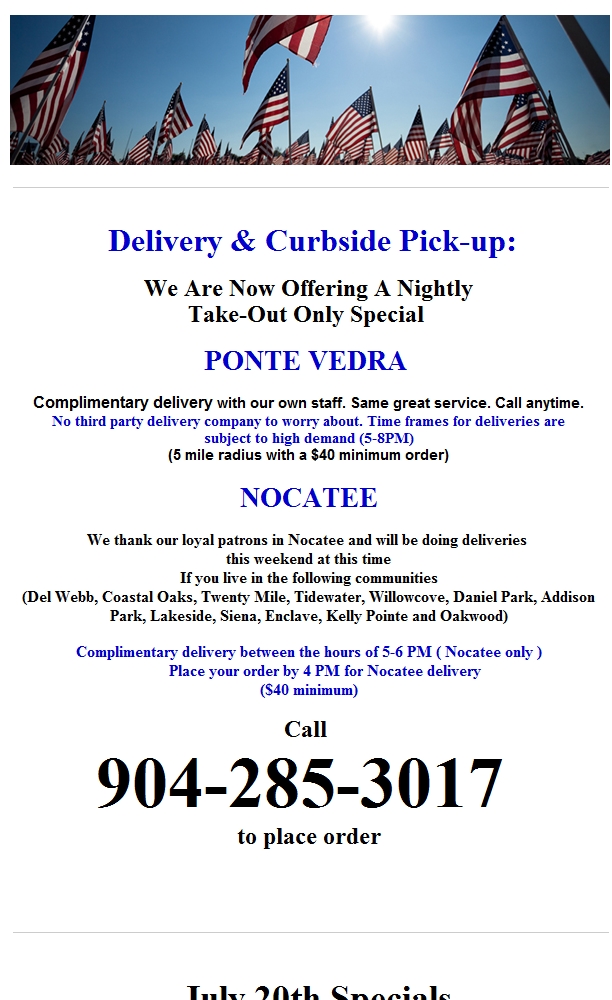 July 20th Menu - Complimentary Delivery bit.ly/3hnVJlV