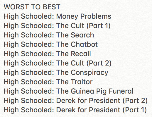 HighSchooledTV's tweet photo. What's your favorite and least favorite episode of @HighSchooledTV? Derek and Nicholas just put together their ranking. https://t.co/K0apWs39ur