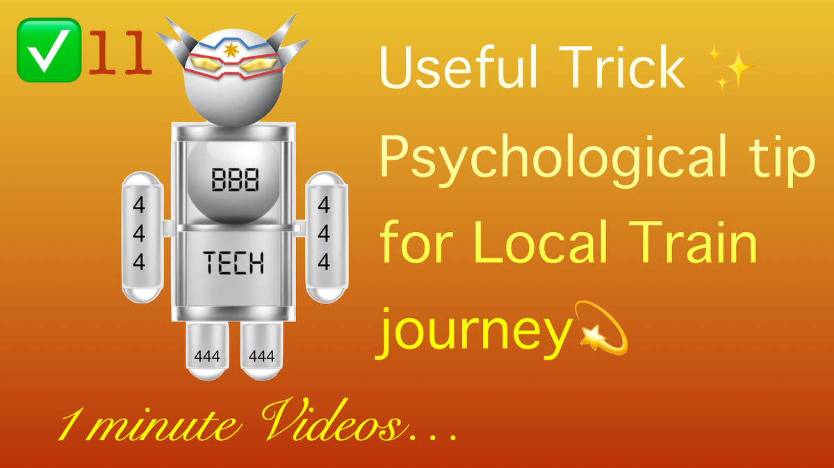 Bb8Tech's tweet image. ✅ #Usefulvideo #1minutevideo - for Local Train journey ✨ - #BB8Tech - ✅ 11
✅ This video gives a #Useful #Psychologicaltip which is a #travelhack that can be used during #LocalTrain #journey  ✨ - #BB8Tech444 #NLP #neurolinguisticprogramming 
youtu.be/XVvqQemdBgc