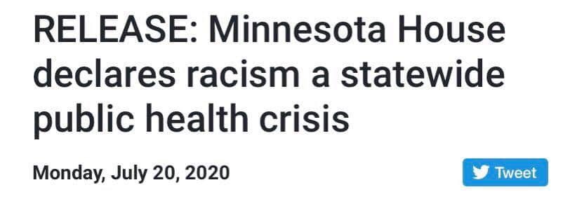 RuthForHouse's tweet photo. Today the MN House took the step of declaring racism a public health crisis. This resolution is long overdue. MN can never truly prosper as a state if it doesn’t guarantee equitable opportunities to every resident, regardless race. Thank you for the letters of support from: https://t.co/TYyjazoLAc