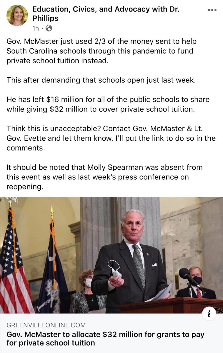 k8tbug013's tweet photo. What @henrymcmaster did today was a slap in the face to over 700,000 public school students in SC. That money was allowed to help purchase proper PPE, cleaning supplies, virtual training, and getting Title 1 districts one-to-one. How dare you. https://t.co/BEhYL3VJTj