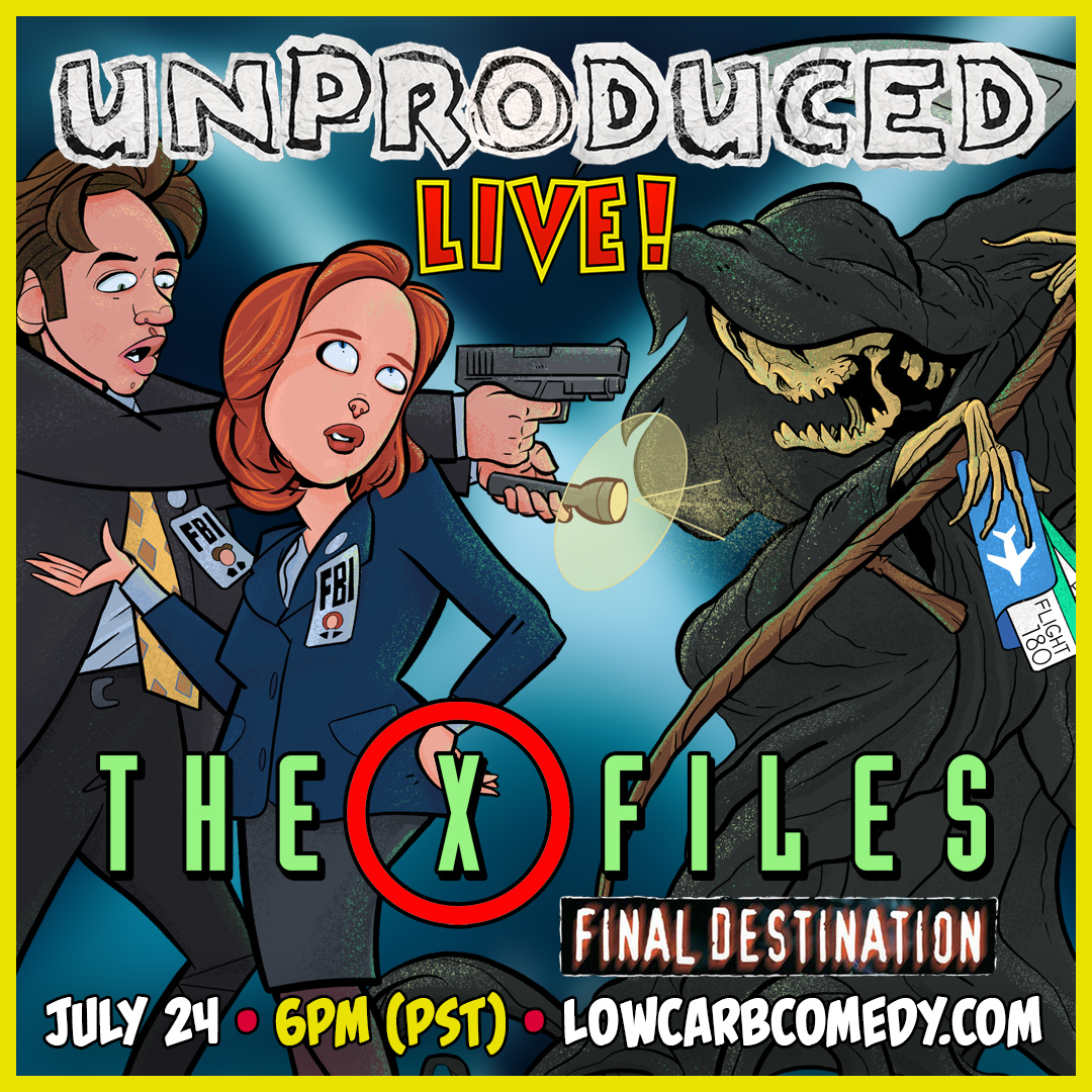 JULY 24 @ 6PM PST / 9PM EST is our ALL-STAR SEASON FINALE of Unproduced Live!  Reading the X-FILES: FLIGHT 180 script that eventually became FINAL DESTINATION. 
SET YOUR REMINDER: youtu.be/ul6nVFWn7CE
• Art by @MaxBareArt 
#unproducedlive #finaldestination #xfiles #TheXFiles