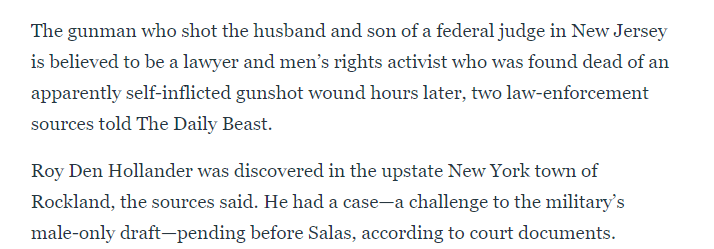 Daily Beast has the Salas shooter: Roy Den Hollander, a men's rights lawyer who got right wing famous for suing NYC nightclubs over "ladies night," and was on Fox News.Nothing to do with Deutsche Bank, Epstein or Russia - and all about Salas overturning the all male draft.