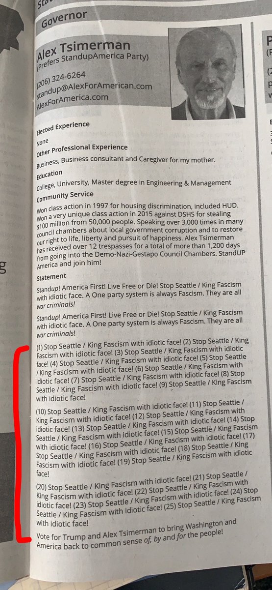 Laughing_Mantis's tweet photo. Have you all seen the actual #KingCountyVotersGuide?

Due to COVID19 they removed the requirements of signature gathering and financial restrictions.

 This is the result: https://t.co/HoU1StnbVH