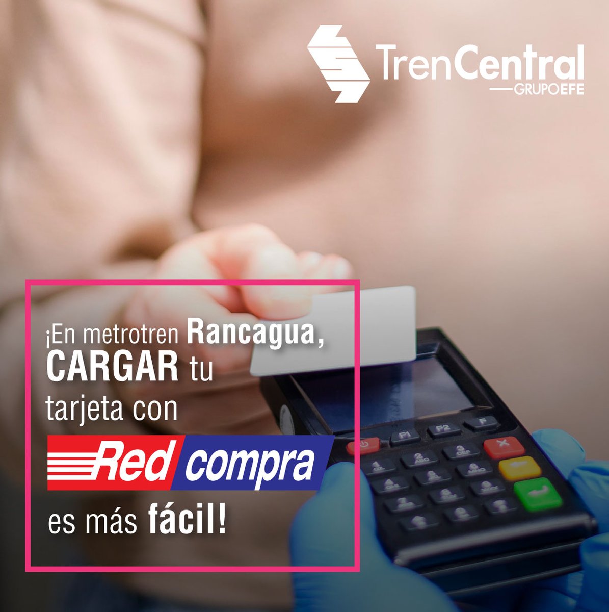 EFENos_'s tweet photo. Para tu comodidad y seguridad, ahora puedes cargar tu tarjeta #MetroTrenRancagua con #RedCompra en cualquiera de nuestras boleterías habilitadas 🚆 https://t.co/xLns620rBA