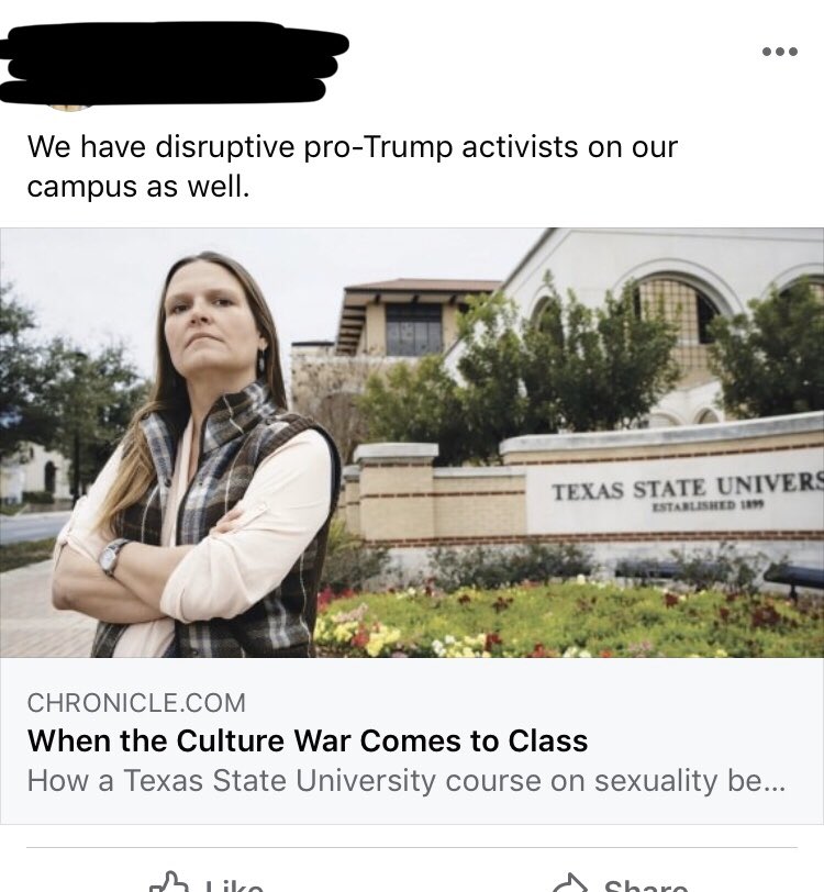 All of these were posted by professors who had me in their classes. One prof who I’ve never met walked up to me on campus at night, put her hand on my shoulder and threatened that she knows who I am and that I better “watch out.” They still work here. https://www.campusreform.org/?ID=14450 