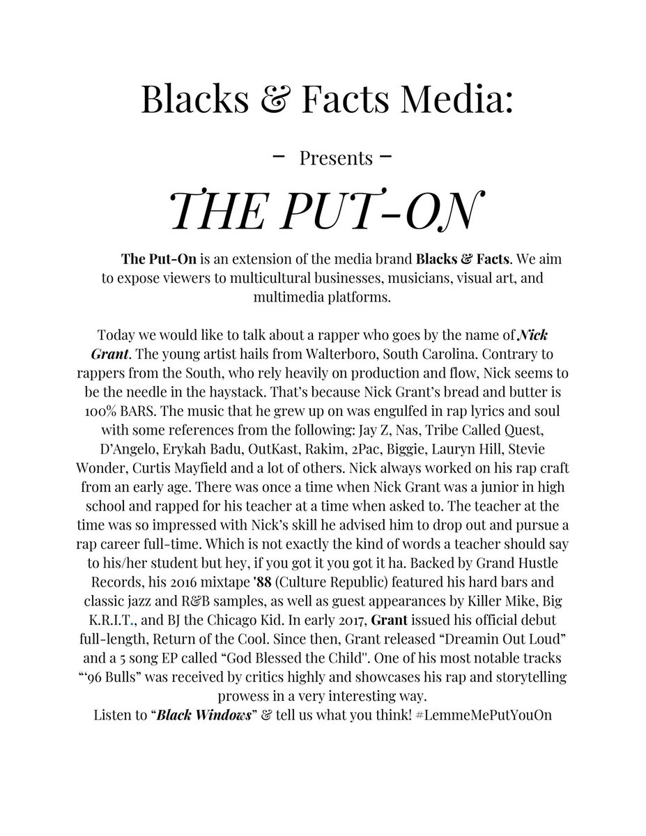 Blacks_Facts's tweet photo. #ThePutOn

Written by: Ken [ @_NextOfKen ]

The Put-On 114 ft @NickGrantmusic https://t.co/bGAxTAGDtm