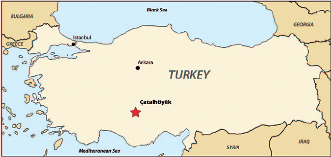 Çatalhöyük was an early "megasite" in what is now southern Turkey, peaking around 7000 BC with somewhere between 5,000-10,000 permanent residents--still small enough that people could subsist off of local foraging in what used to be a rich wetland environment.