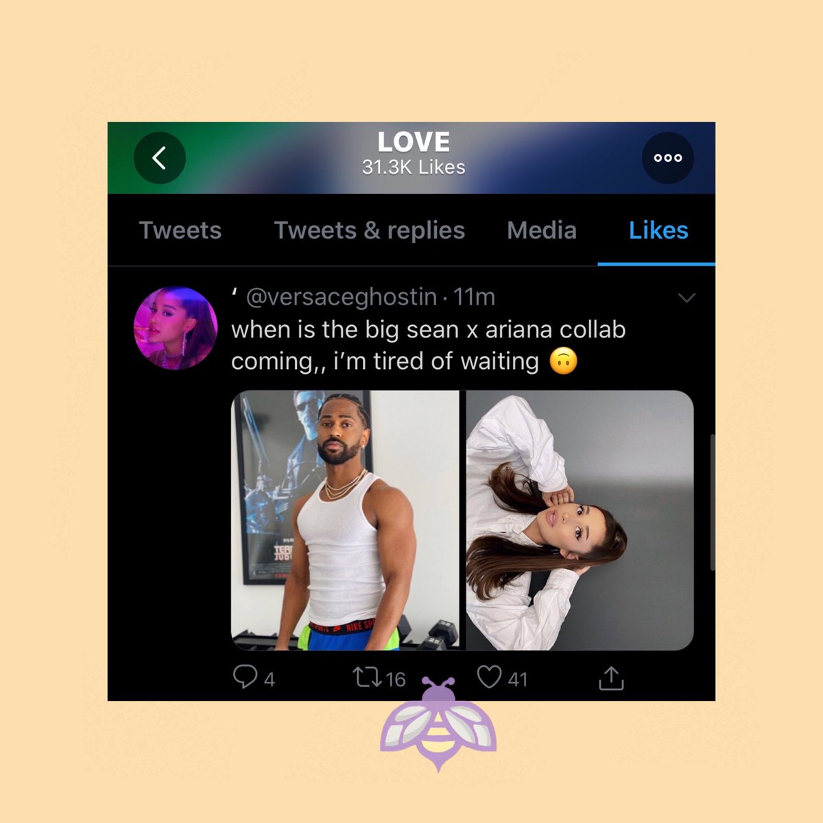 BuzzingPop's tweet photo. One of the members from #BigSean’s camp seemingly confirms a collaboration between the rapper and #ArianaGrande by liking THIS tweet. https://t.co/U3Cmfgyw5s