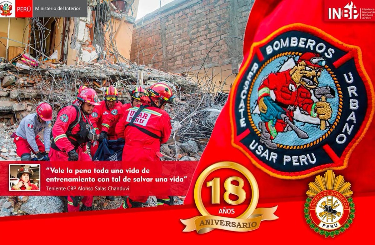 USAR_PERU's tweet photo. 🚒 🇵🇪 " Décimo Octavo Aniversario USAR PERU" 👨‍🚒🇵🇪

#USAR #Peru #Bomberos #RescateUrbano #bomberosvoluntarios #BomberosPeru #RescateTecnico #CGBVP #INBP #INSARAG #firefighters #rescue #bombeiros #resgate https://t.co/I4xG8ChcuG