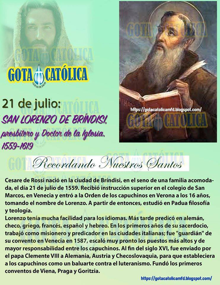 gotacatolicamfd's tweet photo. #CatholicTwitter #Santos #21Julio #july21th #EvangelioDelDia #FelizNoche #Santos #FelizMartesATodos
https://t.co/wTztbrQrTk #AmorEsAmor 21: SAN LORENZO DE BRÍNDISI, presbítero y Doctor de la Iglesia, 1559-1619 https://t.co/Y3bC9ldwPV
