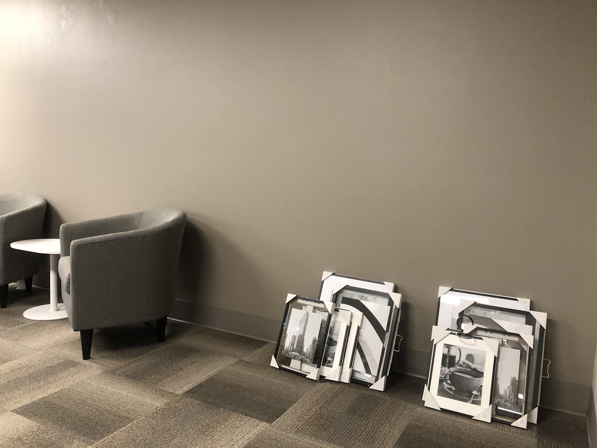 oi_group's tweet photo. We’re in home stretch of an office remodel. #sneakpeek Took down 5-foot cubicles, updated 🚽&amp; 🍳, and opened up lobby. Such a refresh! Last bit of decorating includes soon-to-be “wall of fame”... this stack of frames will showcase 30+ years of our #datacabling expertise. https://t.co/hQU6ngkweM