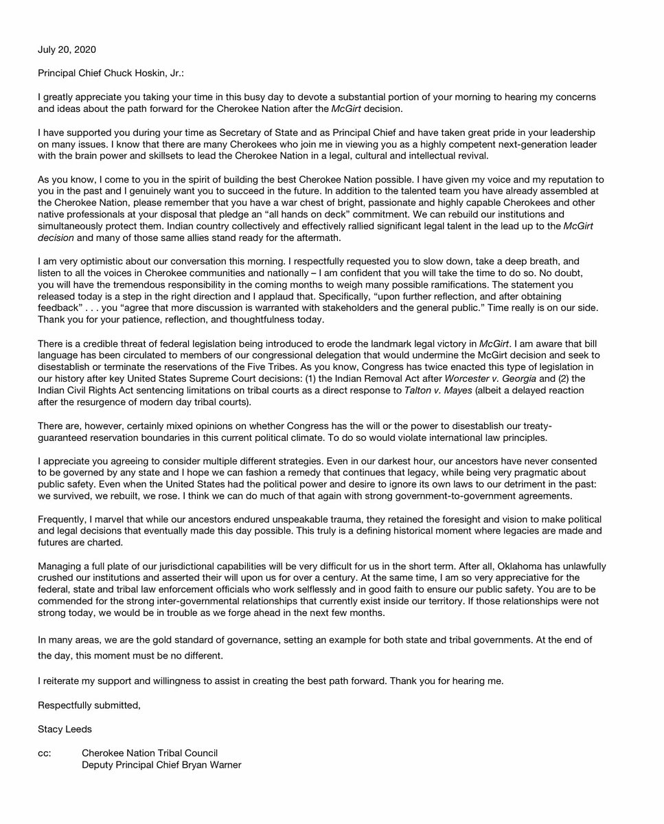 stacyleeds's tweet photo. Today I spent 2 + hrs talking face-to-face w/ Cherokee Principal Chief @ChuckHoskin_Jr. I conveyed my thoughts/ideas + shared what I am hearing in the community and nationally. This is the letter I just sent to him, memorializing the conversation (with smaller font for the share) https://t.co/rzuupVIeA3