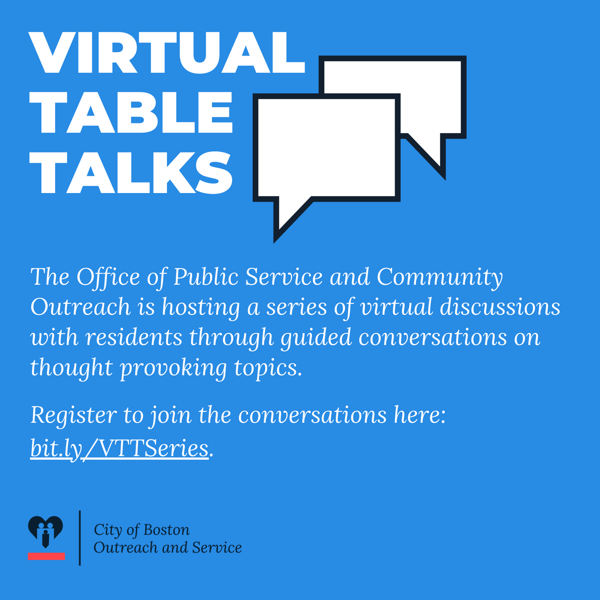 BostonParksDept's tweet photo. Virtual Table Talks, hosted by @marty_walsh and @CityOfBoston's @BosServOutreach would like to hear from YOU! Register today at https://t.co/6SwOTaFdTd to join their discussions on thought provoking and engaging topics! #TableTalk2020 #BostonTalks #CommunityConvo #CivicBos https://t.co/PayQZMNJyg