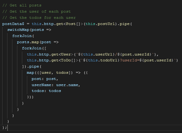 DeborahKurata's tweet photo. RxJS Tip: Use forkJoin to join multiple results.
Here we retrieve all posts
Use ForkJoin to join the result for each post
Use ForkJoin again to get user data and todos
Data is returned in a combined structure
#Angular #angulartip #DeborahKTip
https://t.co/XrtskXxgxh https://t.co/eniehHgVs9