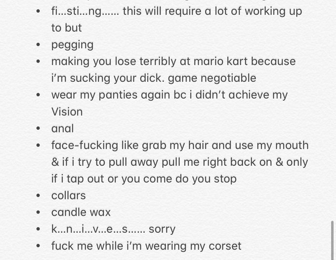 my fucket list but it hasnt been updated in like 2 years and also i wrote it for a specific person https://t