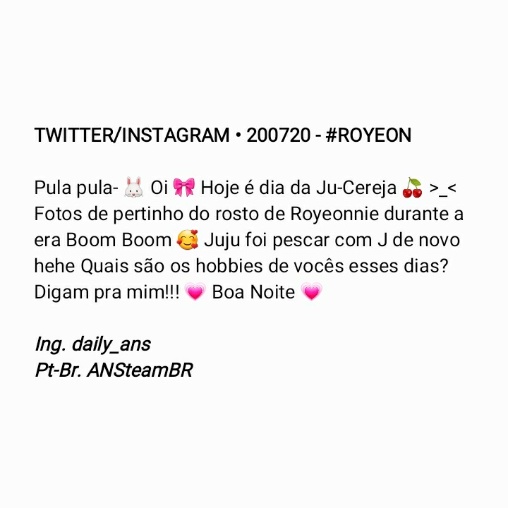 ansteambr's tweet photo. ๐ท | TWITTER/INSTAGRAM โข 200720 - Atualizaรงรฃo do #Royeon no twitter e instagram. (1)
๐ https://t.co/iRVF4U8JuY
๐ https://t.co/zjXjZpSVF9
ยฉ๏ธ daily_ans ANSteamBR โข #ANS #AngelNSoul #์์ด์์์ค #weAre_ANSWER https://t.co/uJRdFs5I7N