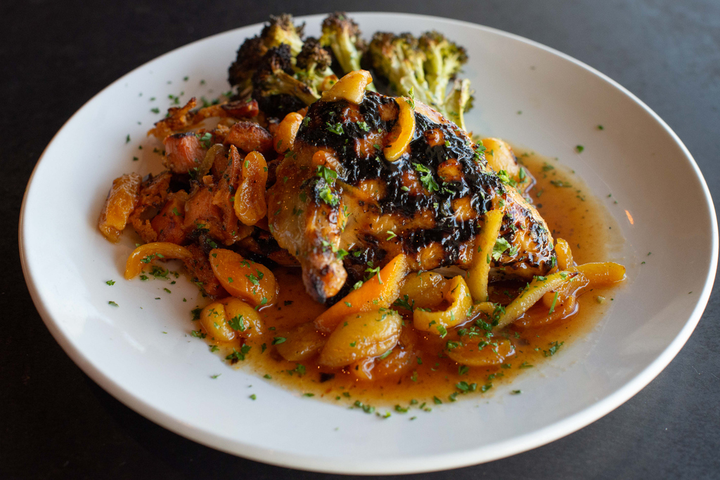 Upgrade to an old favorite.
Apricot Chicken is still on the menu, with some delicious upgrades. Now served with roasted sweet potatoes with pecorino romano. Our sauce is even better with dried apricots and orange peel. 

Dine in or take out available all day.