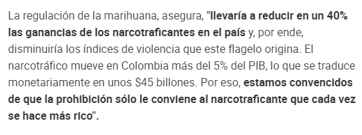El autor de la iniciativa, el senador Gustavo Bolívar, de los Decentes, asegura que se trata de "una nueva forma de lucha contra el narcotráfico", aprovechando la buena fama de la marihuana legal en tantos países civilizados <a href="/BlasLlanoPy/">Blas Llano</a> todavía creo que por momentos está sobrio