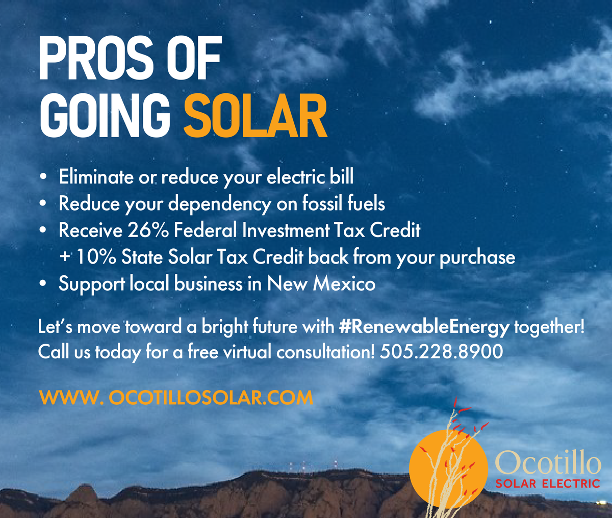 OcotilloSolar's tweet photo. If you can pay your PNM Bill, you can afford to go solar! 😎 
Contact us to get your FREE estimate! https://t.co/9NIzc9pDuS