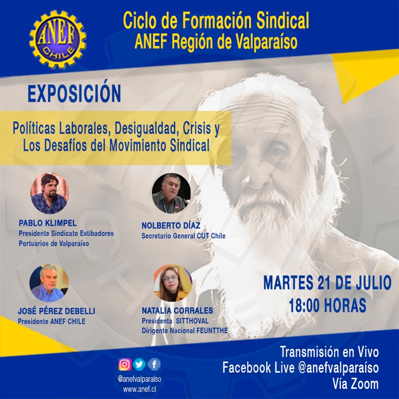 untthe_mcn's tweet photo. 🔵 MAÑANA MARTES  [21/07] 18:00 estaremos en  el Ciclo de Formación Sindical ANEF Región de Valparaíso.
🖥️Face Live @anefvalparaiso @Cutchile @PklimpelF @NolbertoDiaz @NataCorrales https://t.co/6GBFAar1fe