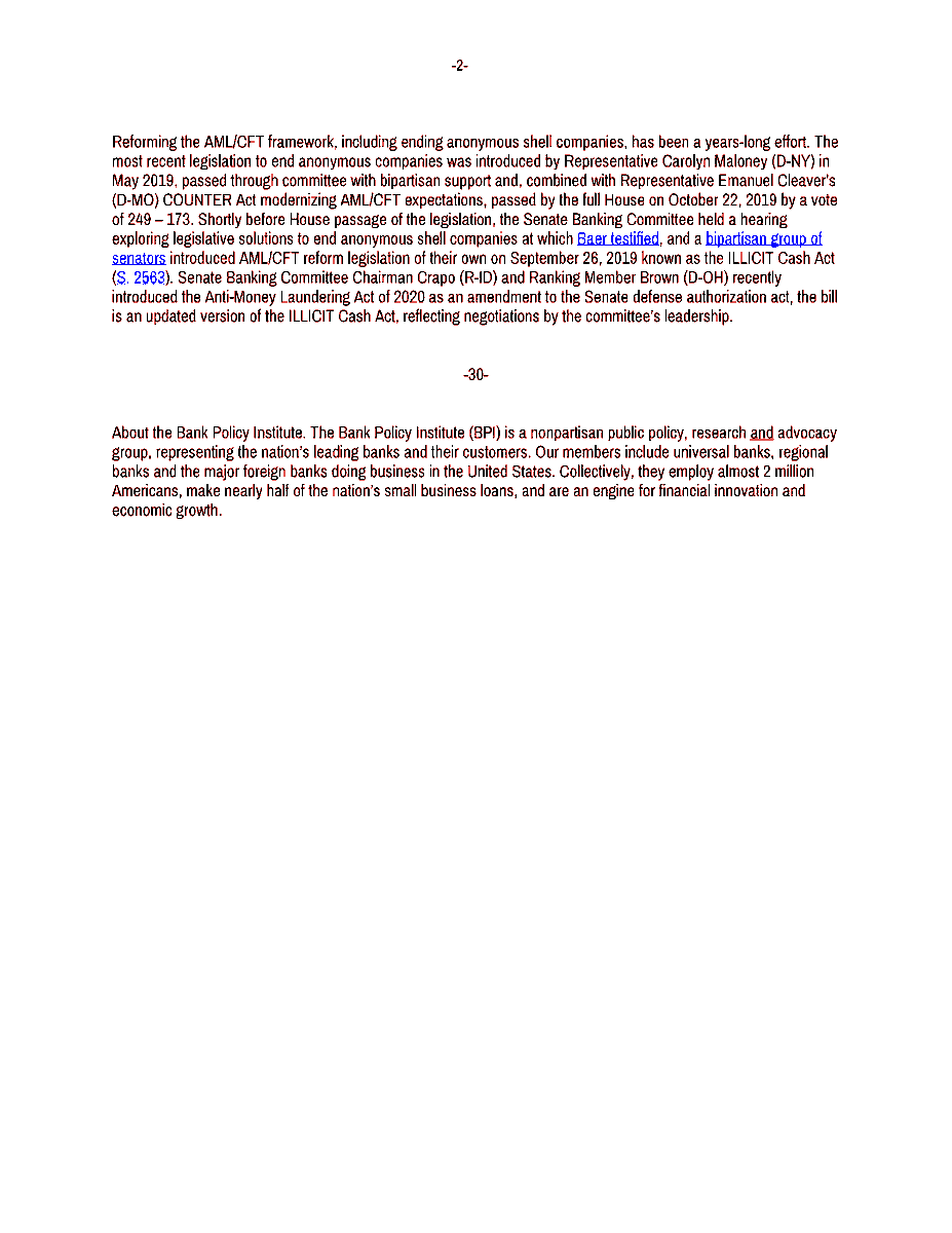 bankpolicy's tweet photo. 🚨 RELEASE: Legislation to Reform Anti-Money Laundering Framework and End Anonymous Shell Companies Nears Finish Line

House of Representatives Votes to Include Anti-Money Laundering Amendment in 2021 National Defense Authorization Act

Read >> https://t.co/QB5GNPbddj https://t.co/N21NOvSasT