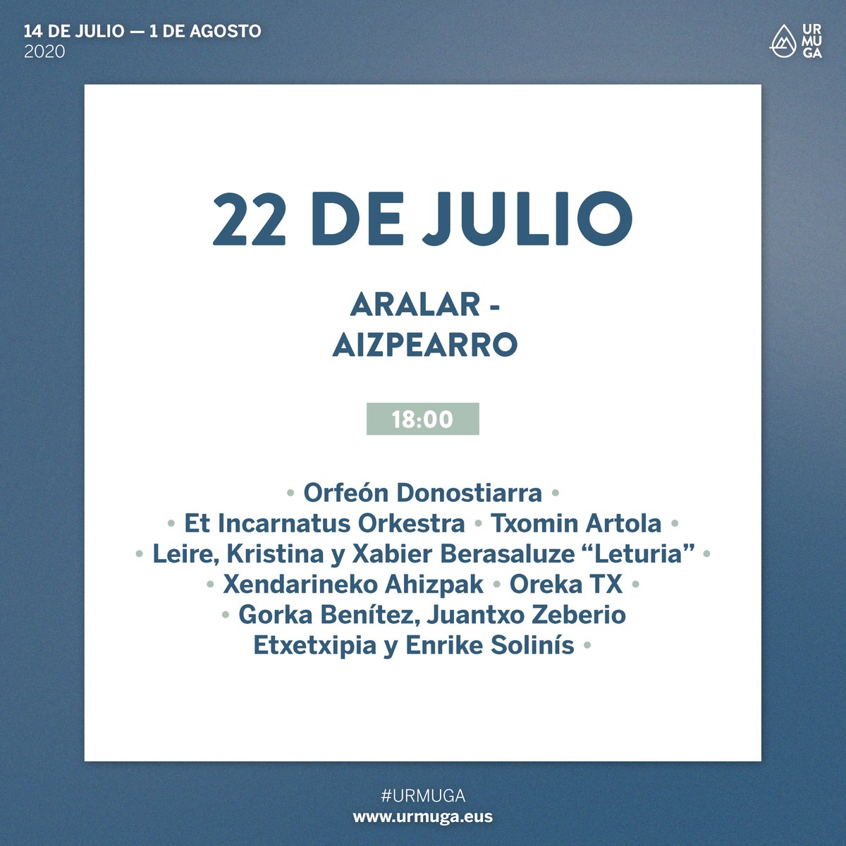 urmuga_eus's tweet photo. ✨ #UrmugaMusika ✨
🗓️ 22/07/2020
⌚ 18:00h
⛰️ Aralar (Aizpearro)
🎶@orfeoia_orfeon #EtIncarnatus Orkestra #TxominArtola Leire, Kristina eta #XabierBerasaluze #Leturia #XendarinekoAhizpak @orekatx #GorkaBenitez @JUANTXOZETXE eta @enrikesolinis
👉 https://t.co/kQ0QH02lsP https://t.co/FyVWYIvFR9