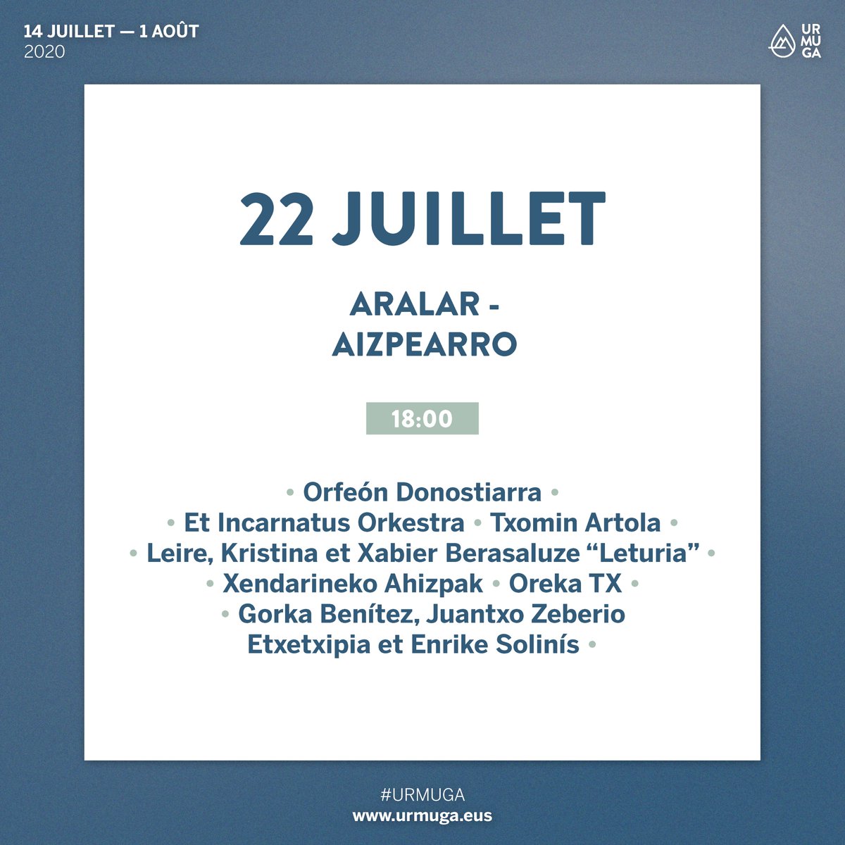 urmuga_eus's tweet photo. ✨ #UrmugaMusika ✨
🗓️ 22/07/2020
⌚ 18:00h
⛰️ Aralar (Aizpearro)
🎶@orfeoia_orfeon #EtIncarnatus Orkestra #TxominArtola Leire, Kristina eta #XabierBerasaluze #Leturia #XendarinekoAhizpak @orekatx #GorkaBenitez @JUANTXOZETXE eta @enrikesolinis
👉 https://t.co/kQ0QH02lsP https://t.co/FyVWYIvFR9