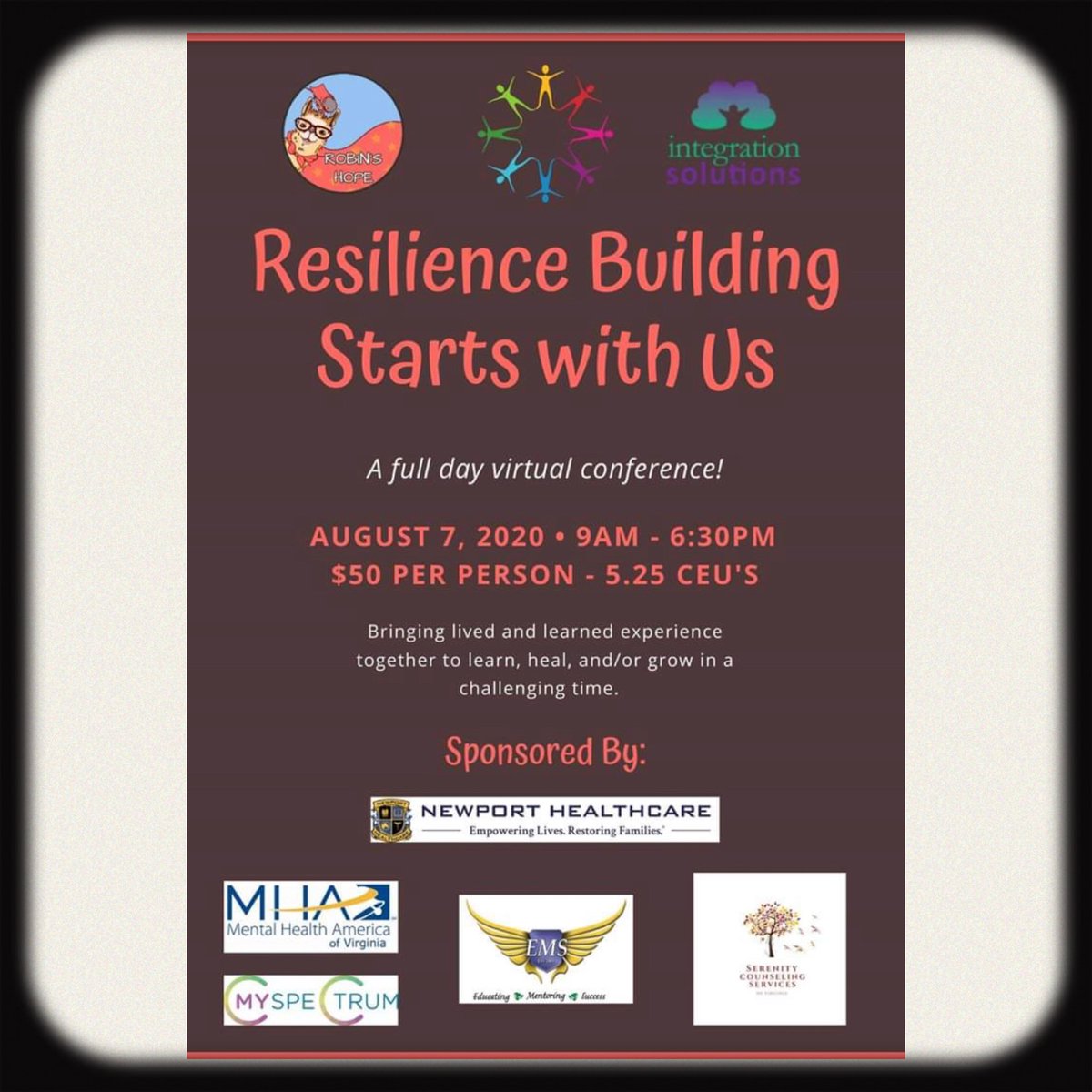 MySpectrumCC's tweet photo. Join @MySpectrumCC as we co-host this awesome event with Robin’s Hope, @newporthealth_ , Serenity C &amp; C, Integration Solutions, @EMSofVirginia , @MHACentralVA !! 
#resilience https://t.co/cxZeTM1NTN