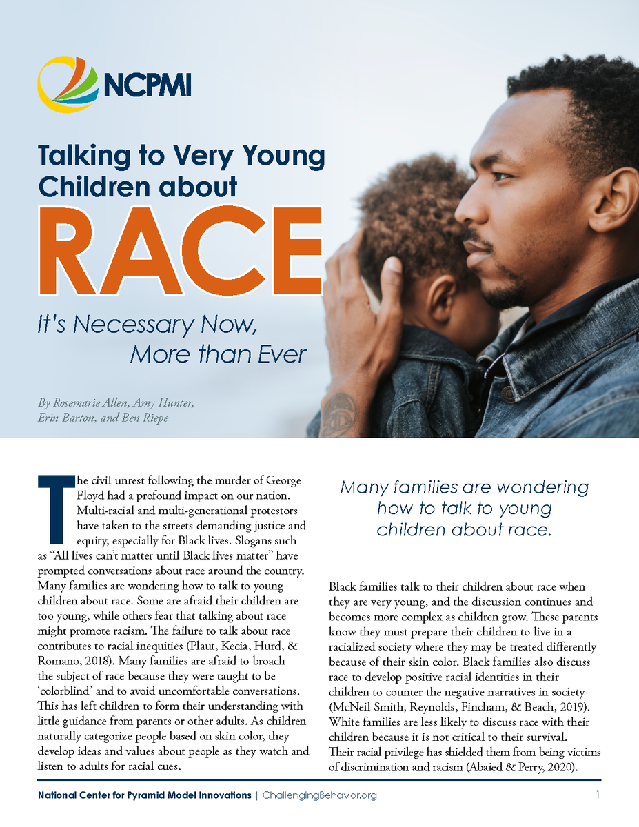 PyramidModel's tweet photo. "Talking to Very Young Children about Race" 
Across the US, families &amp; educators are examining issues of racism and equity. Learn how young children perceive race and how to talk about race with young children.

https://t.co/lMpM0hzlex
#PyramidModel #parenting #equity https://t.co/RhQAFocvH1