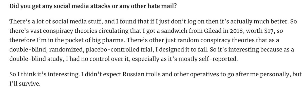 Dr Boulware’s response-if he did get a $17 sandwich then he should sat that (though it said research grant)-the strongest criticism has been about his analysis and conclusions, not his design-blowing off legitimate criticism with “Russian Trolls” is again not a good look