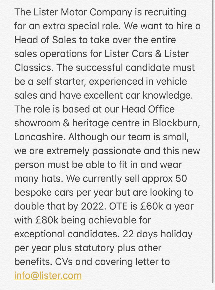 ListerLawrence's tweet photo. So Twitter - I need all of your helps please! Lister needs a new sales person to take over all @ListerCars and @ListerClassics sales from our HQ in Blackburn, Lancashire. This is a dream role for someone who has entrepreneurial spirit and a love for cars! 

**Please share** https://t.co/yyGdJM3MYw