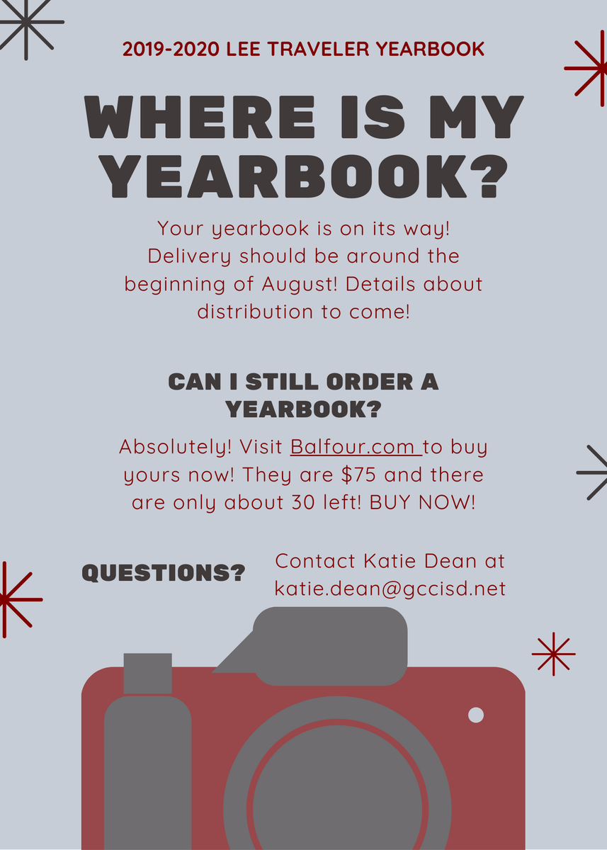 Updates about the yearbook! If you have any questions, please email katie.dean@gccisd.net. Thank you for your patience!