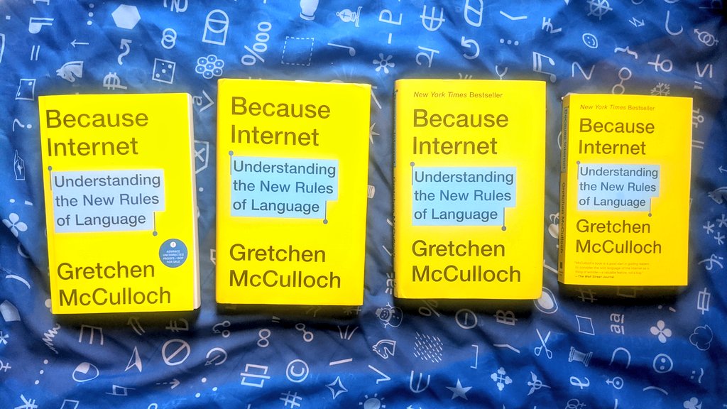 Alright, we begin with the  @riverheadbooks editions of Because Internet!Left to right, that's:- advance uncorrected proofs! (aka ARC, sent to some media folks to write reviews)- first edition!! (hardback)- hardback with the new bestseller banner!- paperback (out tomorrow!)