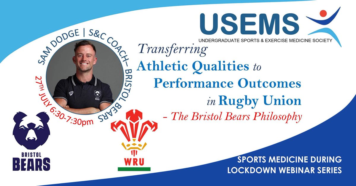 UndergradSEMS's tweet photo. Join us next Monday for more FREE Sports Medicine Webinars

🏉 Sam Dodge | S&amp;C Coach
📆 Mon 27th July
⏰ 18:30 - 19:30
🎟 https://t.co/2W6AAnHk3R

#RugbyUnion #Rugby #RugbyMedicine #SportsMedicine #USEMS2020 https://t.co/rM1C4yCEXc