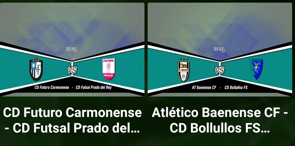 ... Y si lo que te apetece es #Futsal aquí tienes 2️⃣ partidazos del Play-Offs de Ascenso a Tercera División <a href="/RFAF/">RFAF</a>

⚽ <a href="/cdfuturocarmone/">CD FUTURO CARMONENSE BRANDT</a> 🆚 #FutsalPrado
⚽ <a href="/AtlBaenense/">Atlético Baenense</a> 🆚 <a href="/BollullosFutsal/">C.D Bollullos Futsal</a>

¡¡¡ Disfrútalos 🆓 !!!

#PlayOffsRFAF