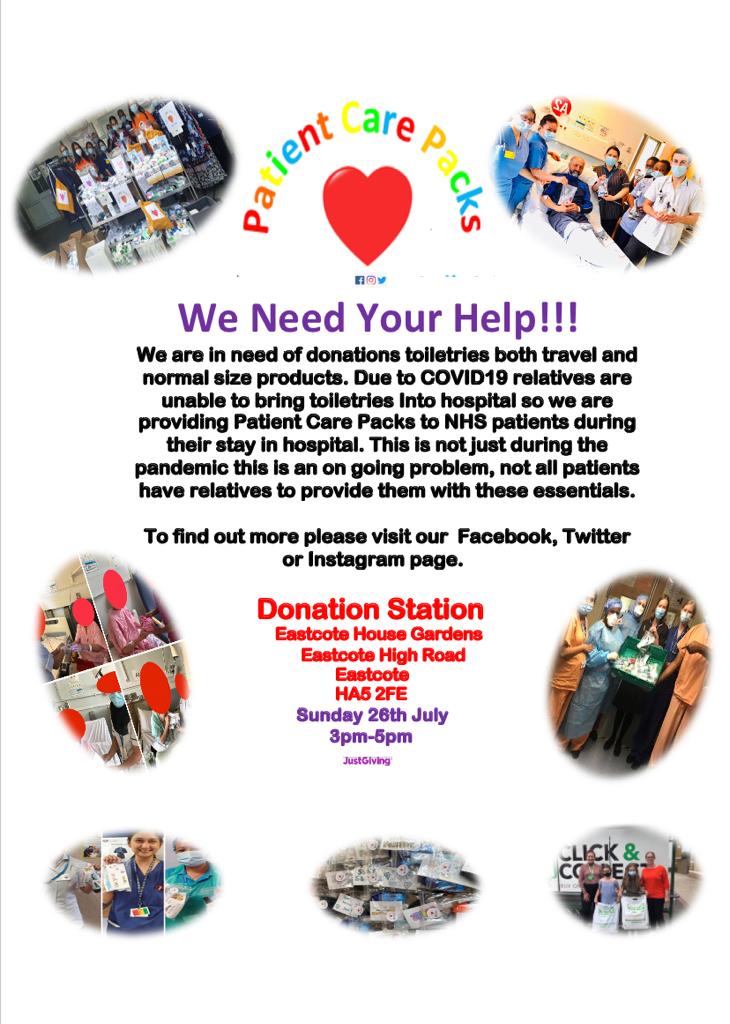 PatientCarePack's tweet photo. Donation Station this Sunday 26th July (3-5pm) at Eastcote House Gardens #patientcarepacks @karenkeogh68 @katherinedan80 Please come and support ❤️ https://t.co/e1iVmHNcSY