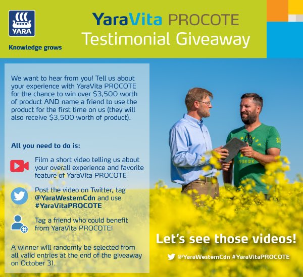 YaraWesternCdn's tweet photo. We want to hear from you! Tell us about your experience with YaraVita PROCOTE for the chance to win over $3,500 worth of product AND name a friend to use the product for the first time on us (they will also receive $3,500 worth of product). See entry guidelines below! https://t.co/LlaNyQZI0C