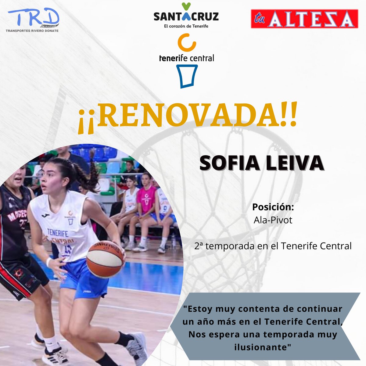TenerifeCentral's tweet photo. 💥𝗥𝗘𝗡𝗢𝗩𝗔𝗗𝗔💥
Les presentamos a otra de las jugadoras que renueva su compromiso con el club y seguirá formando parte del equipo de Primera División Autonómica del Tenerife Central, 𝗦𝗼𝗳í𝗮 𝗠𝗮𝗴𝗮𝗹𝗶 𝗟𝗲𝗶𝘃𝗮.

Estamos encantados de tenerte un año más con nosotros🏀 https://t.co/hTnRkYkpIR