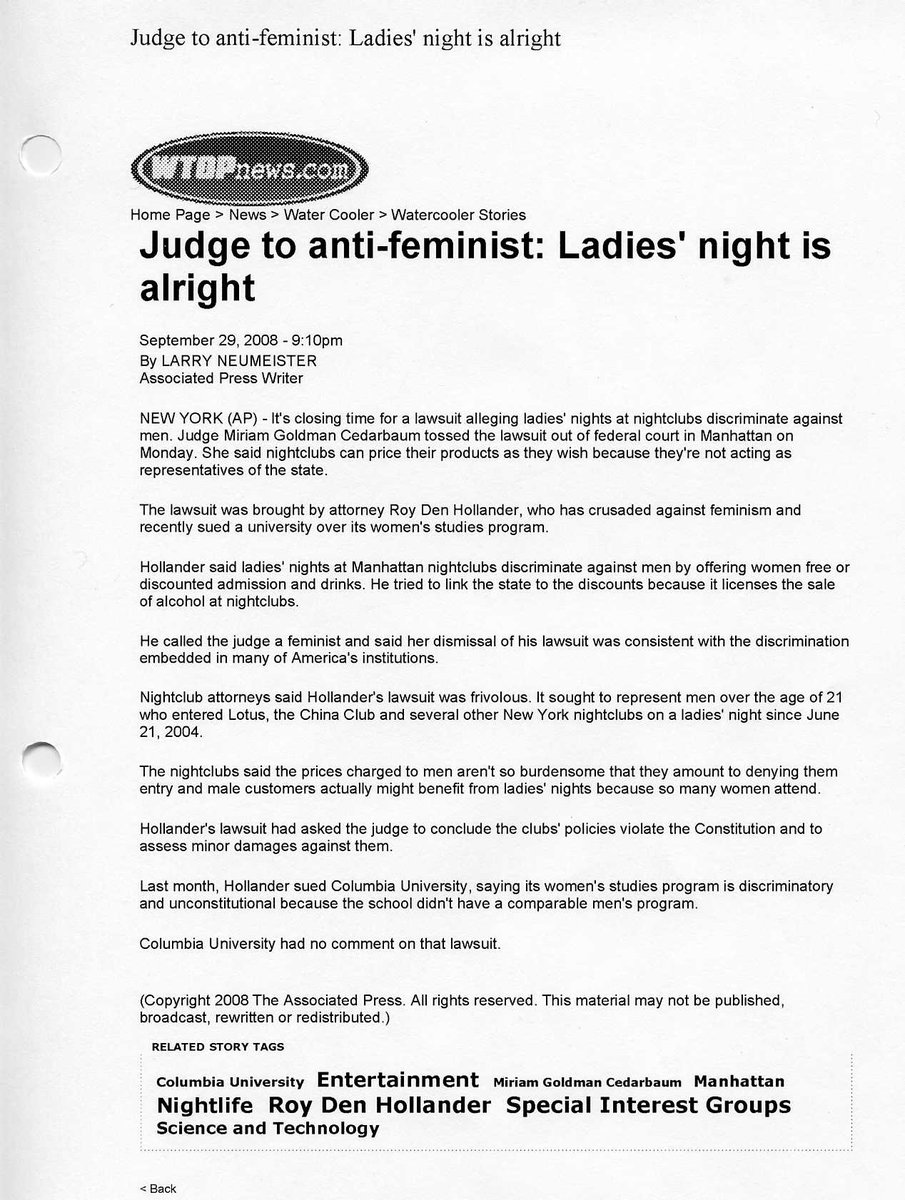 It is also worth noting that Roy Den Hollander is a self-described "mens rights activist" and "anti-feminist attorney." Here he can be seen commenting on a legal complaints he filed against "ladies nights" at night clubs and women's studies programs at Universities.
