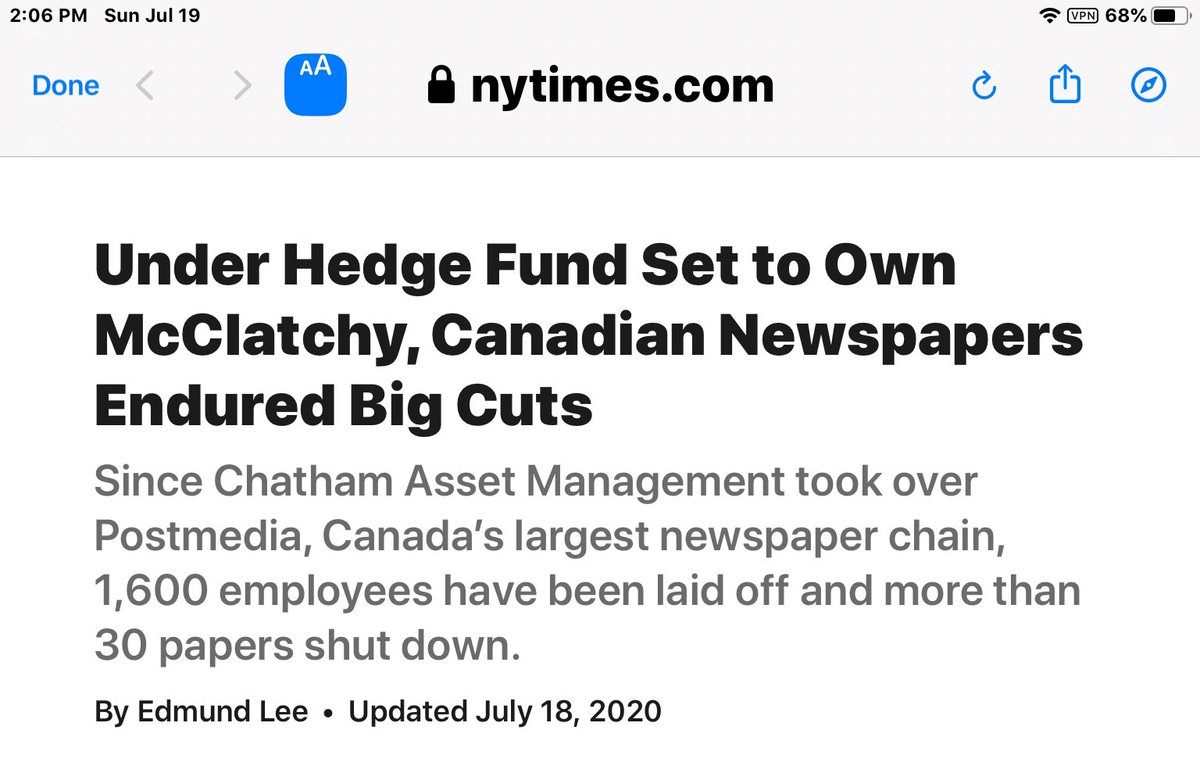 Postmedia has also been laying off experienced (expensive) investigative journalists in droves (to “cut costs”). That’s what the NY Times embedded article is about. Interviews of Postmedia employees & about the impact Postmedia has had on Canadian news and access to information.