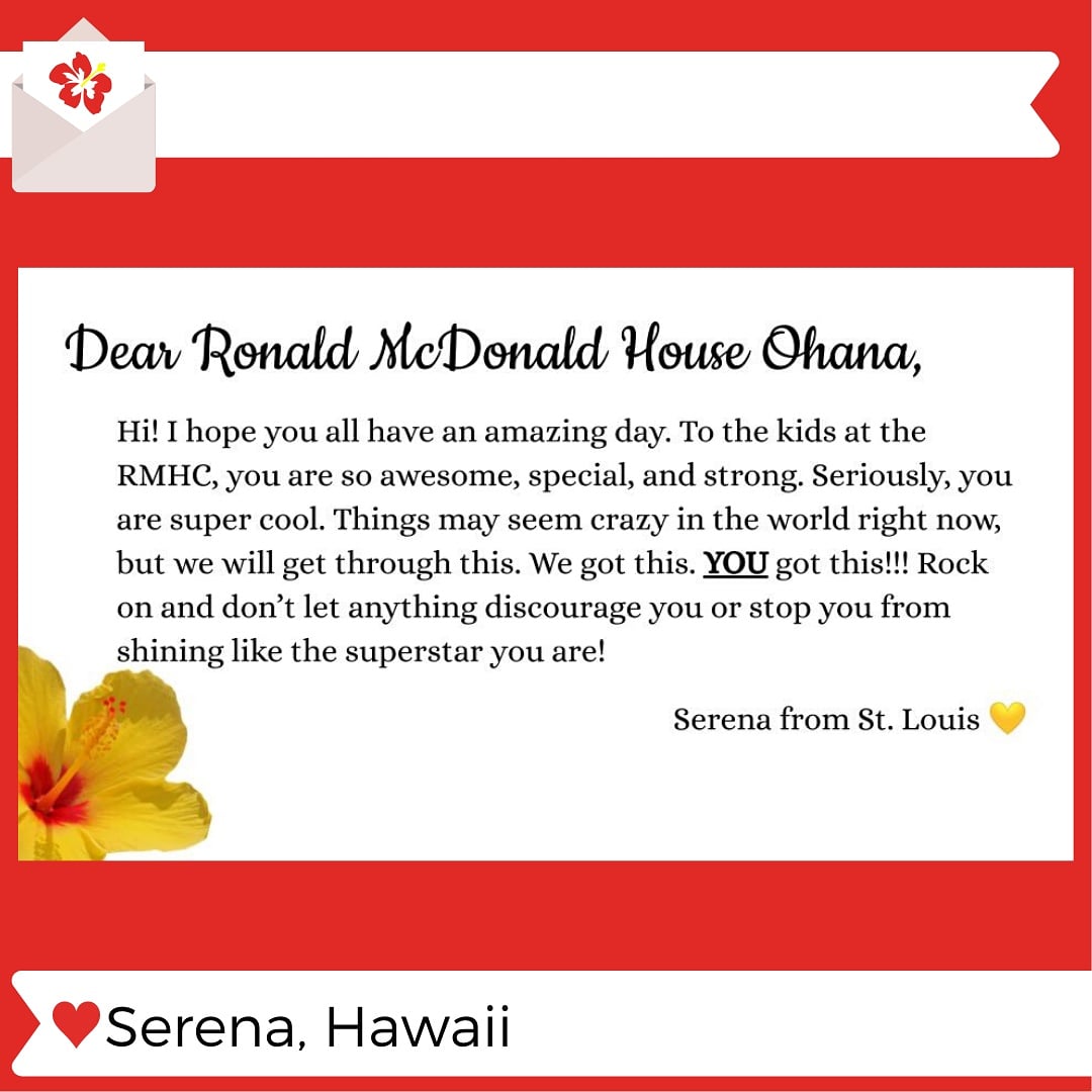 Mahalo for sending #aloha to our <a href="/ronaldhousehi/">Ronald House Hawaii</a> families! #alonetogether #thehousethatlovebuilt #keepingfamiliesclose #volunteer #volunteerhawaii #keiki #ohana #kokua #aloha #hawaii #hawaiilife #love #believe #hope #kids #children #family #hospital