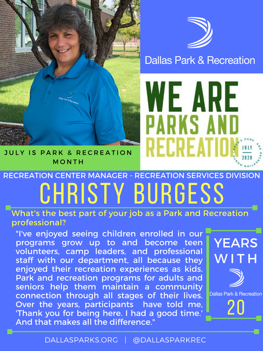 DallasParkRec's tweet photo. As Park &amp; Recreation Professionals, we provide essential services to our communities. July is Park &amp; Recreation Month &amp; we're celebrating the work of #DallasParks professionals. Meet Christy! Christy has been with #DallasParks for 20 years. #WeAreParksAndRec #ThankAParkAndRecPro https://t.co/SuWT7iBNEs