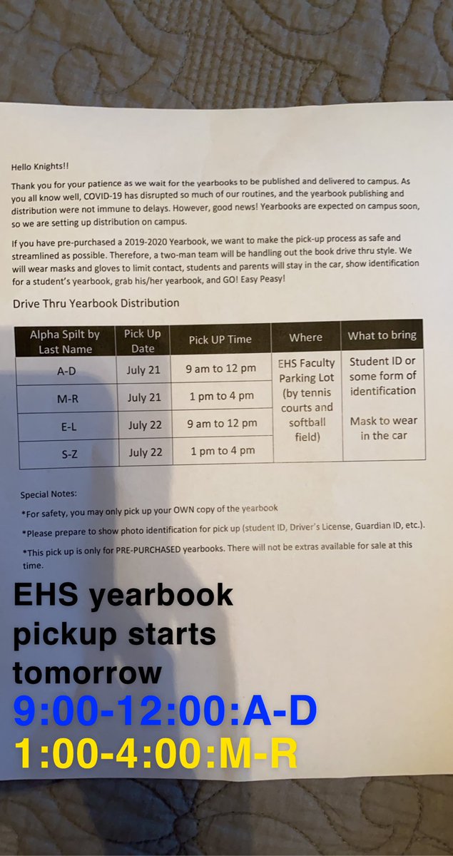 EHS YEARBOOK PICKUP STARTS TOMORROW!! In the teacher parking lot. A-D 9am-12pm, M-R 1pm-4pm