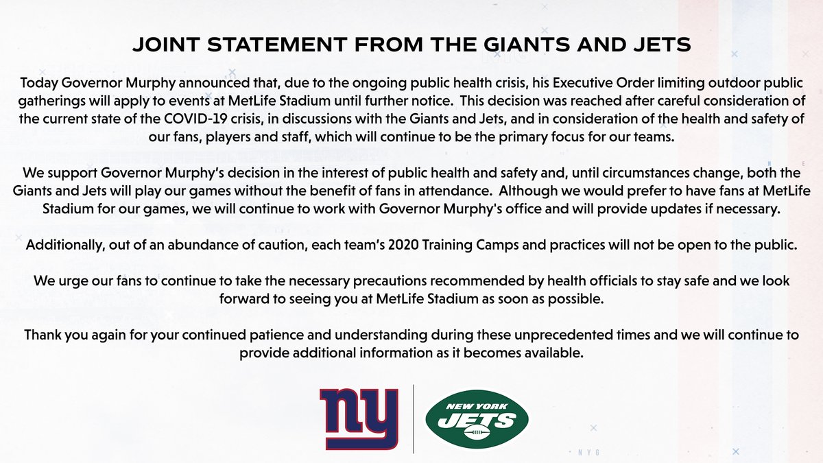 astockeyWTAE's tweet photo. #Gints #Jets issue statement saying there will be no fans inside MetLife Stadium. #Steelers scheduled to open the season on Monday September 14th at #Giants #WTAE https://t.co/pX68xpSPUw