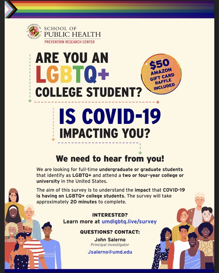 LGBTQ+ Students &amp; Allies in Public Health is conducting a survey to learn about LGBTQ college students’ mental health during COVID-19. Participants will have the
Chance to win a $50 Amazon gift card. Pls complete the survey if u r a LGBTQ college student — umdlgbtq.live/survey