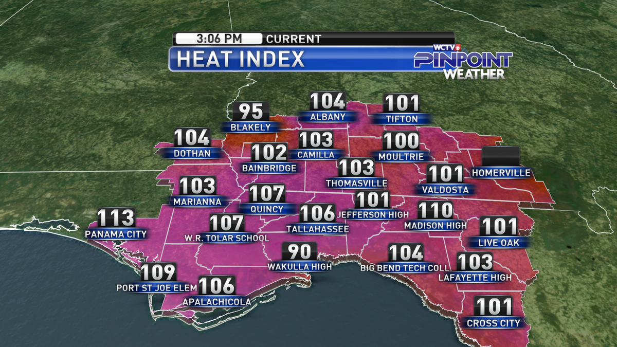 WCTVMike's tweet photo. Monday 7/20/20 3:06pm:Afternoon temps in the mid 90s are feeling about 10 degrees hotter. Be careful working and playing outside. #Scorching #Hydrate #FindSomeShade https://t.co/lL7exSJRMI